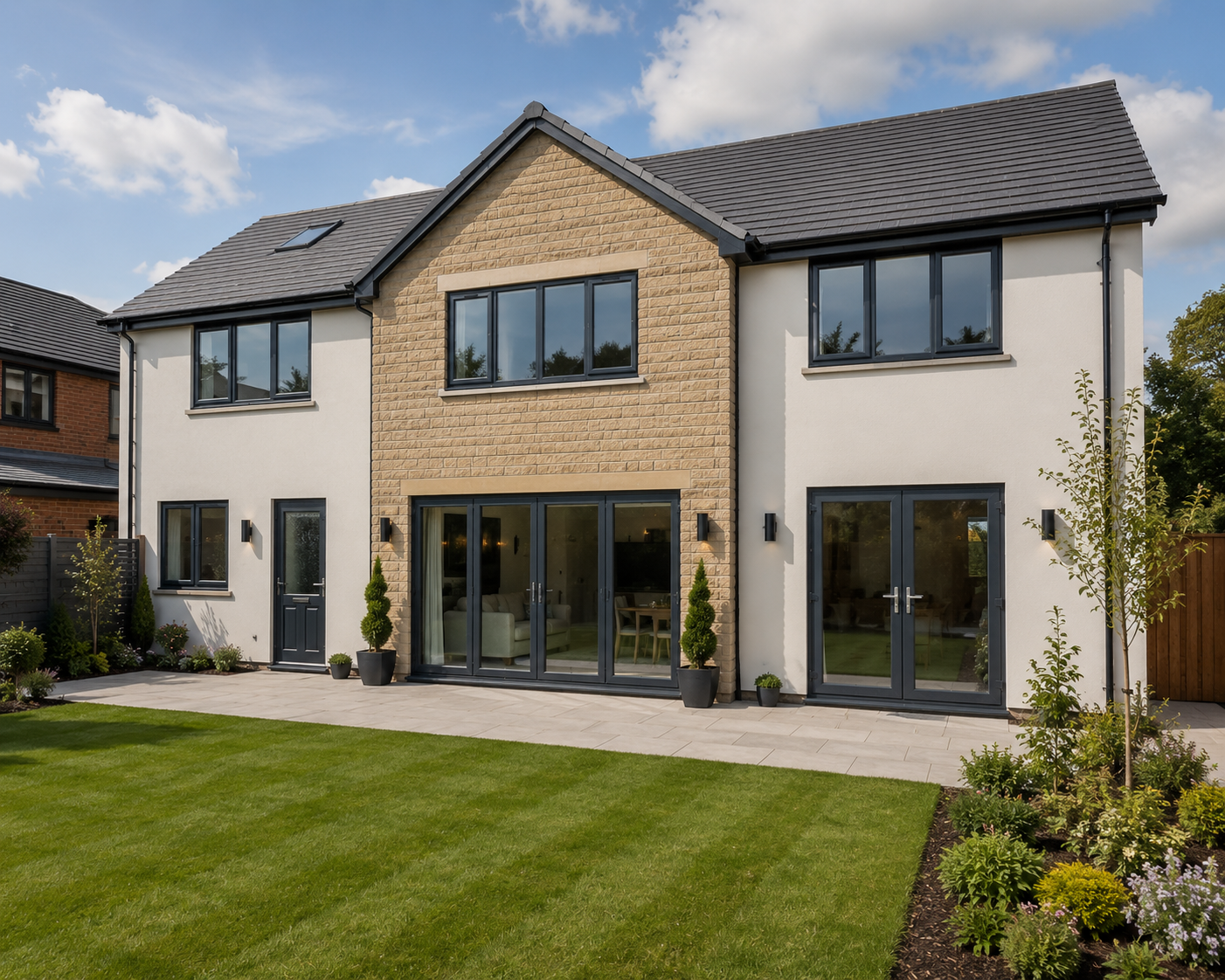 Modern residential development with multiple dark grey windows and doors installed