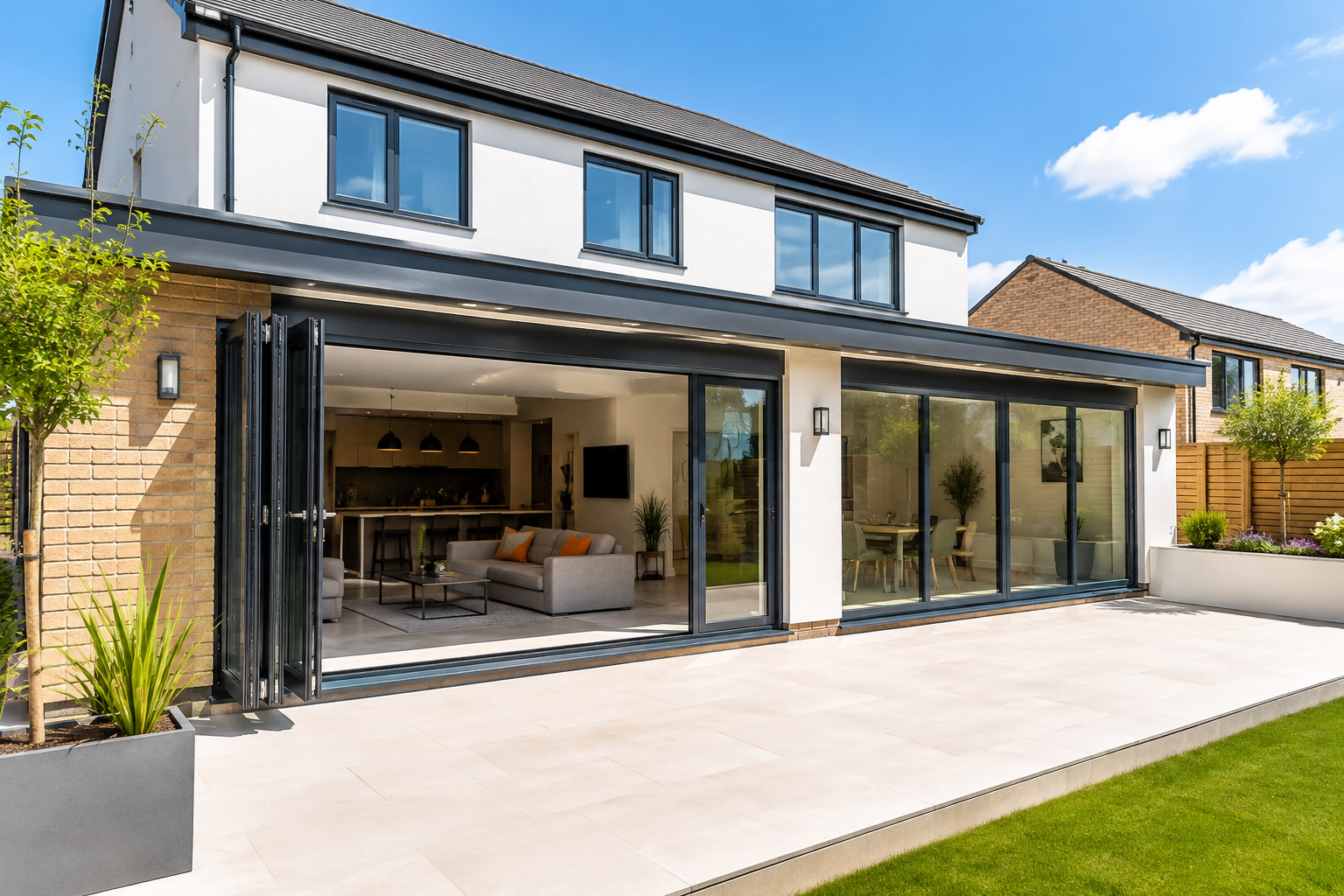 Modern rendered extension with aluminium glazing and bifold doors
