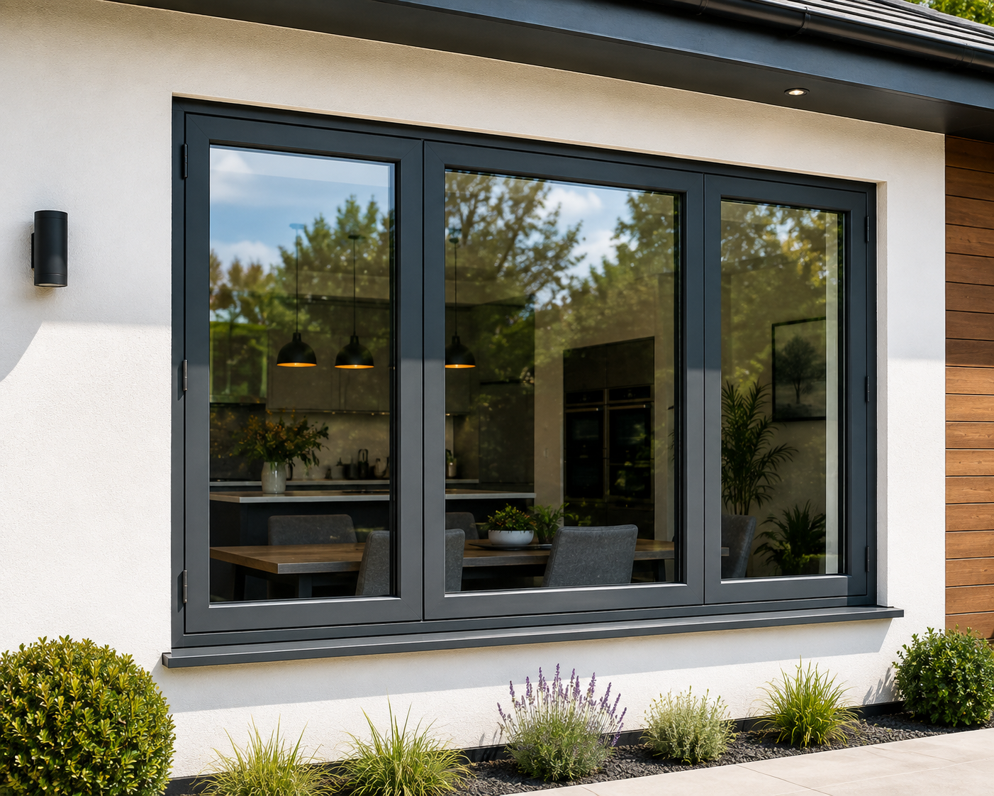 Dark grey aluminium windows installed in a contemporary rendered extension