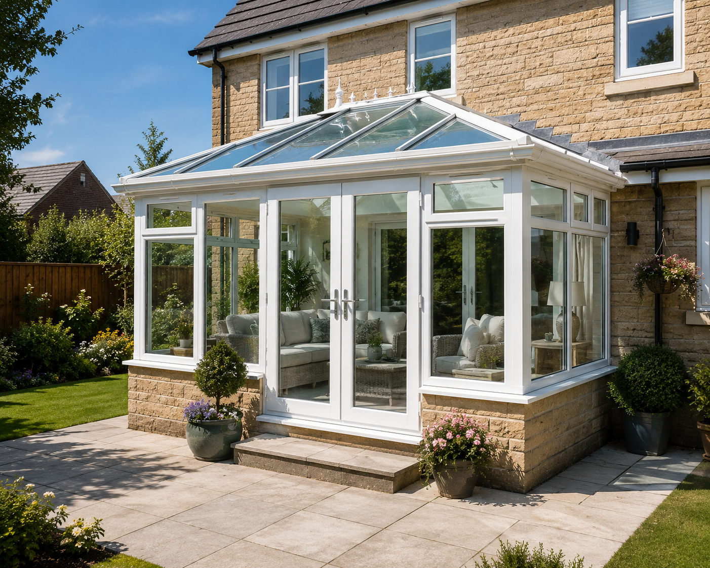 Rectangular white conservatory with a glass roof attached to a detached British home