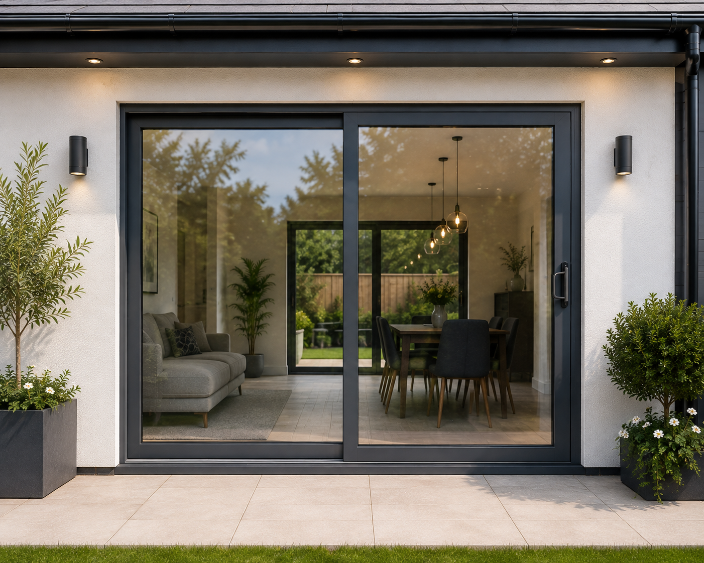 Dark grey two-panel sliding patio door viewed straight on