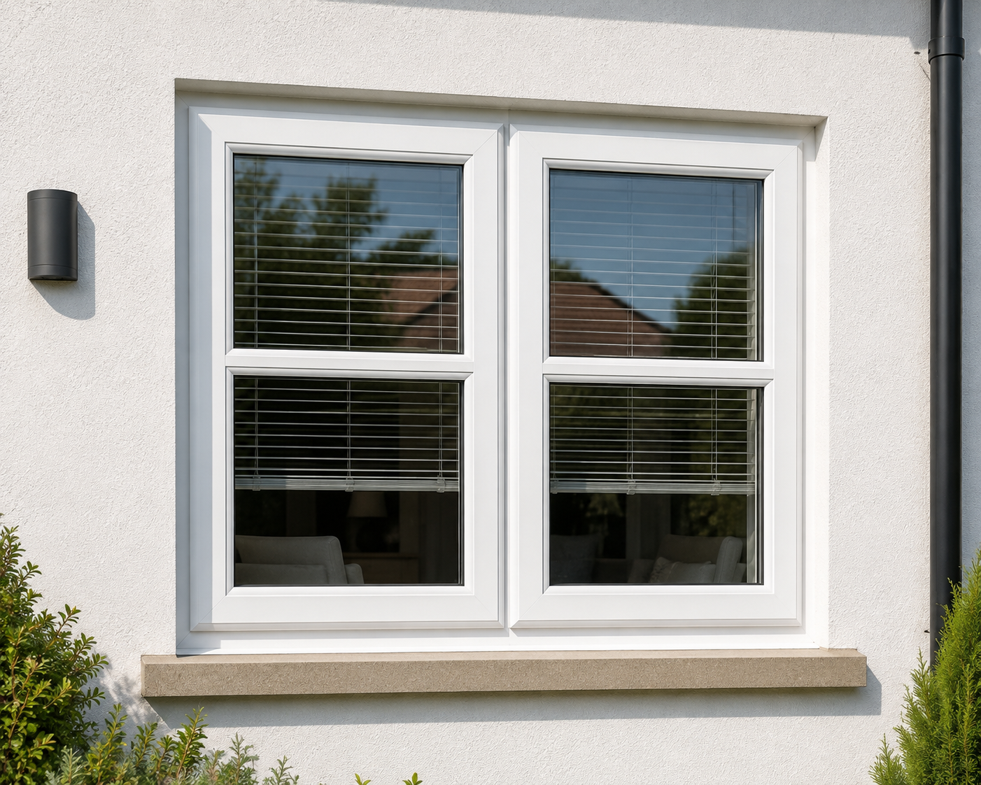 White uPVC casement window installed in a rendered British property